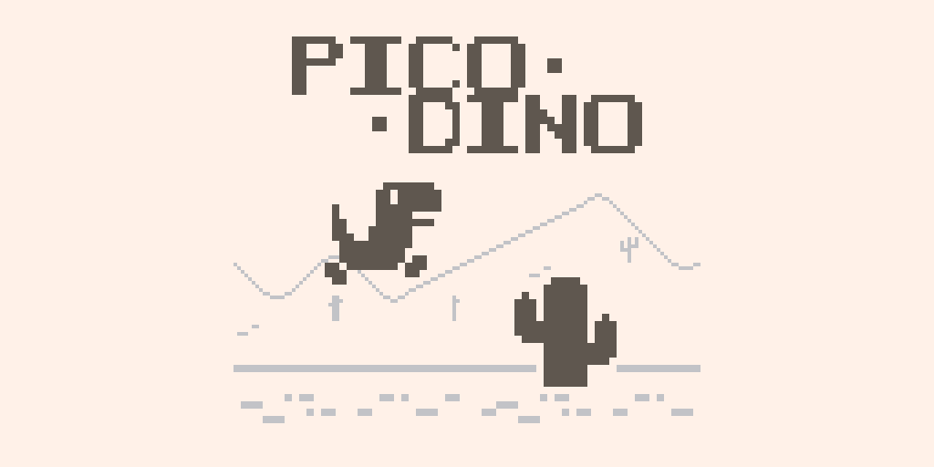 Pico Dino thumbnail. A dinosaur jumps over cacti in a black and white pixel art desert